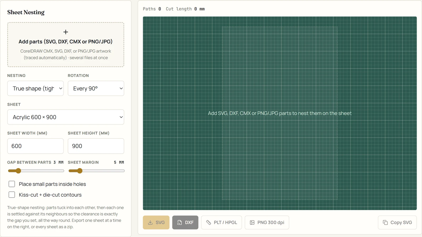 The Sheet Nesting workbench: add-parts drop area, nesting and rotation choices, sheet preset and size, gap and margin sliders, the sheet on the cutting mat and the export buttons