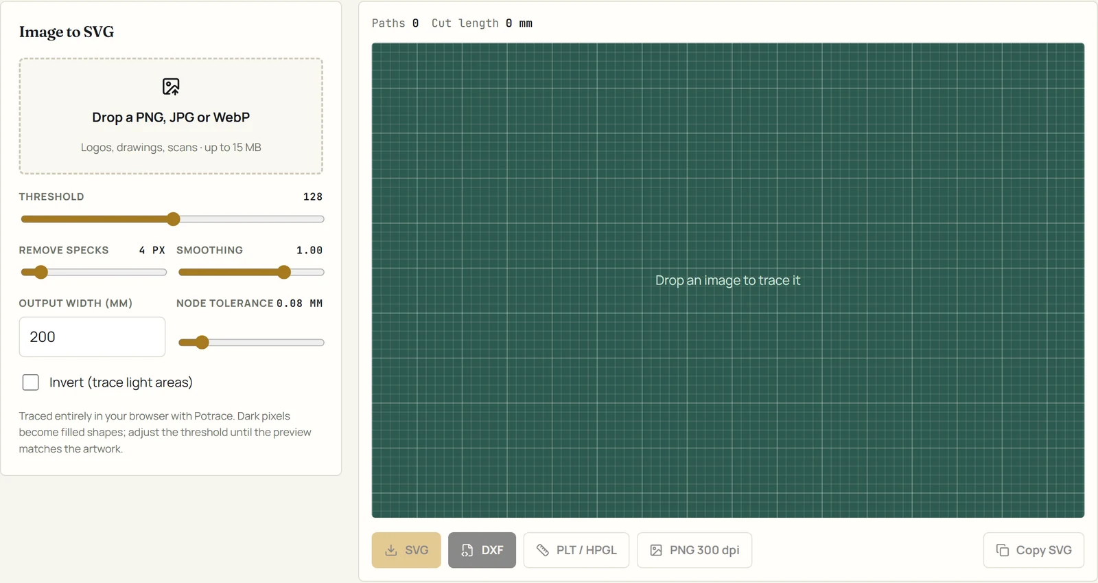 The Image to SVG workbench: a drop area for PNG, JPG or WebP, sliders for threshold, specks, smoothing and node tolerance, an output width field, the cutting-mat preview and the export buttons
